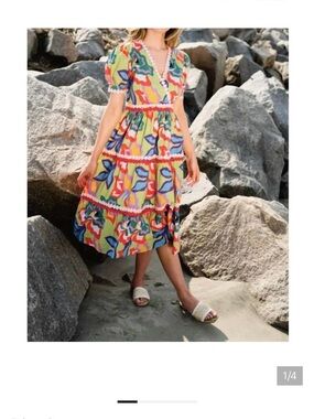 Multicolor Abstract Print Tiered Midi Dress - V-Neck